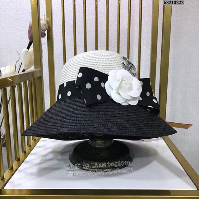 Chanel新品女士帽子 香奈兒蝴蝶結山茶花拼接漁夫帽草帽  mm1405